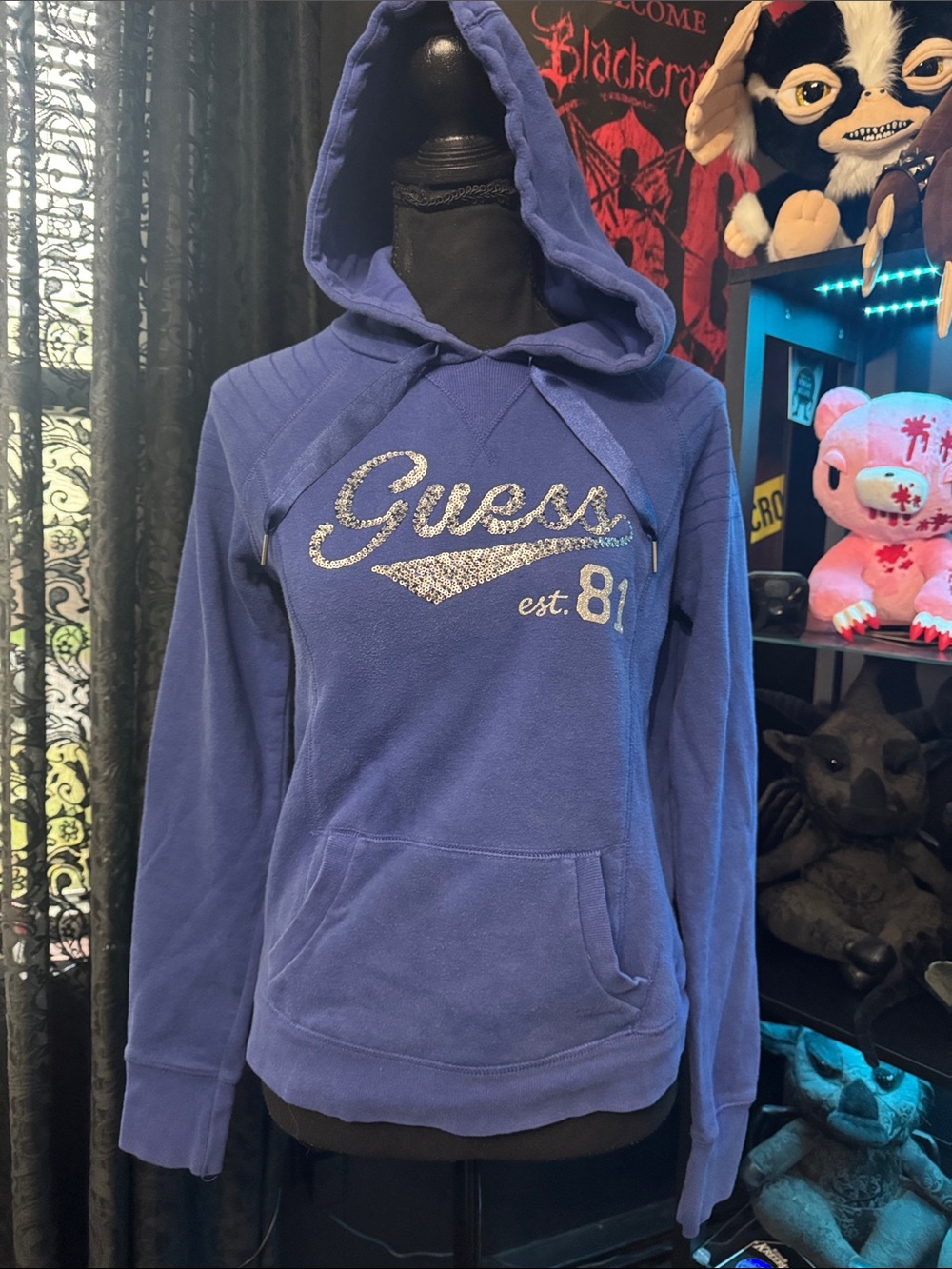 Y2k GUESS Purple Hooded Sweatshirt with Rhinestone Logo med
